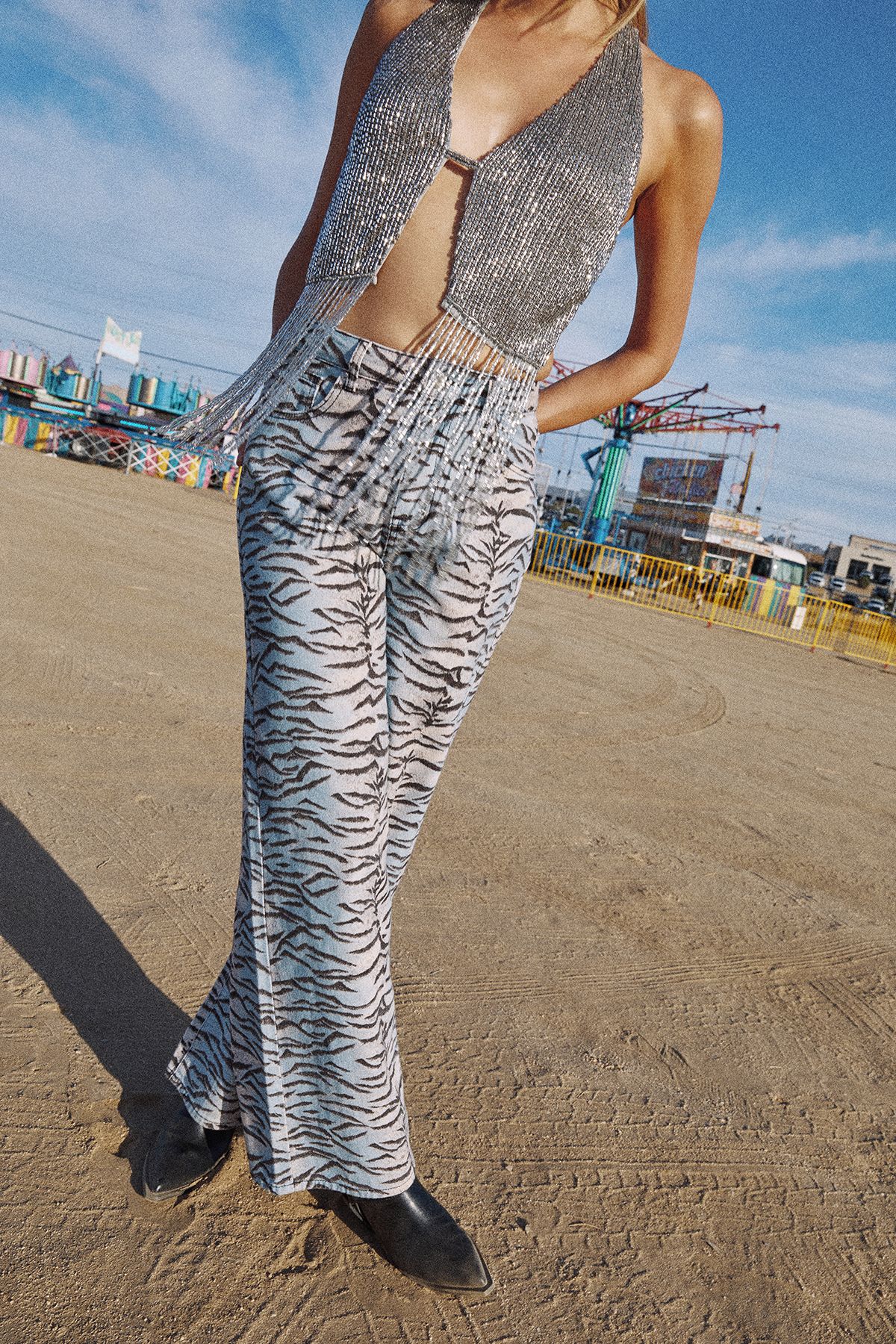 NastyGal Tiger Print Denim Wide Leg Jean Multi