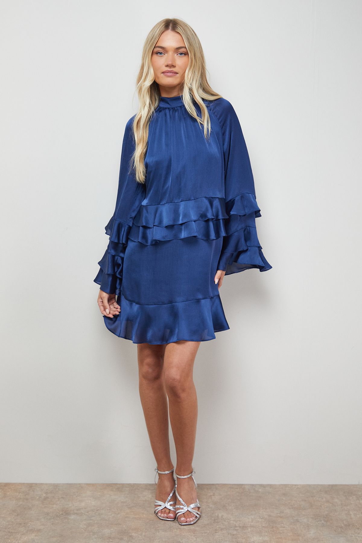 Oasis Layered Ruffle Sleeve Bow Back Mini Dress Navy image 2