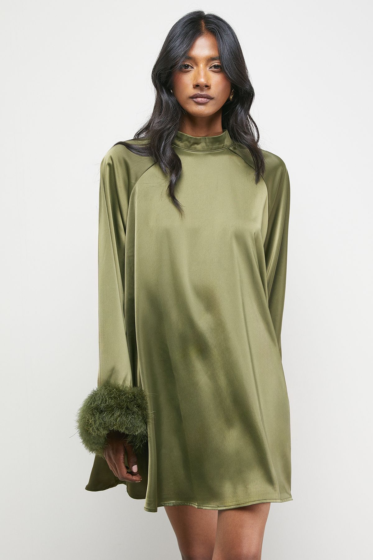 Warehouse Premium Satin Feather High Neck Swing Mini Dress Olive image 4