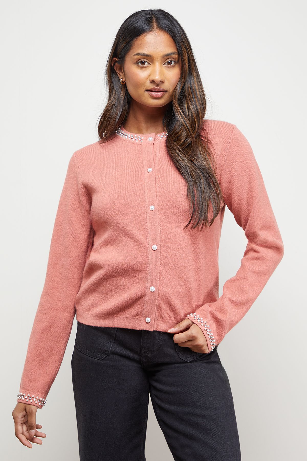 Oasis Pearl Detail Cardigan Desert Rose image 1