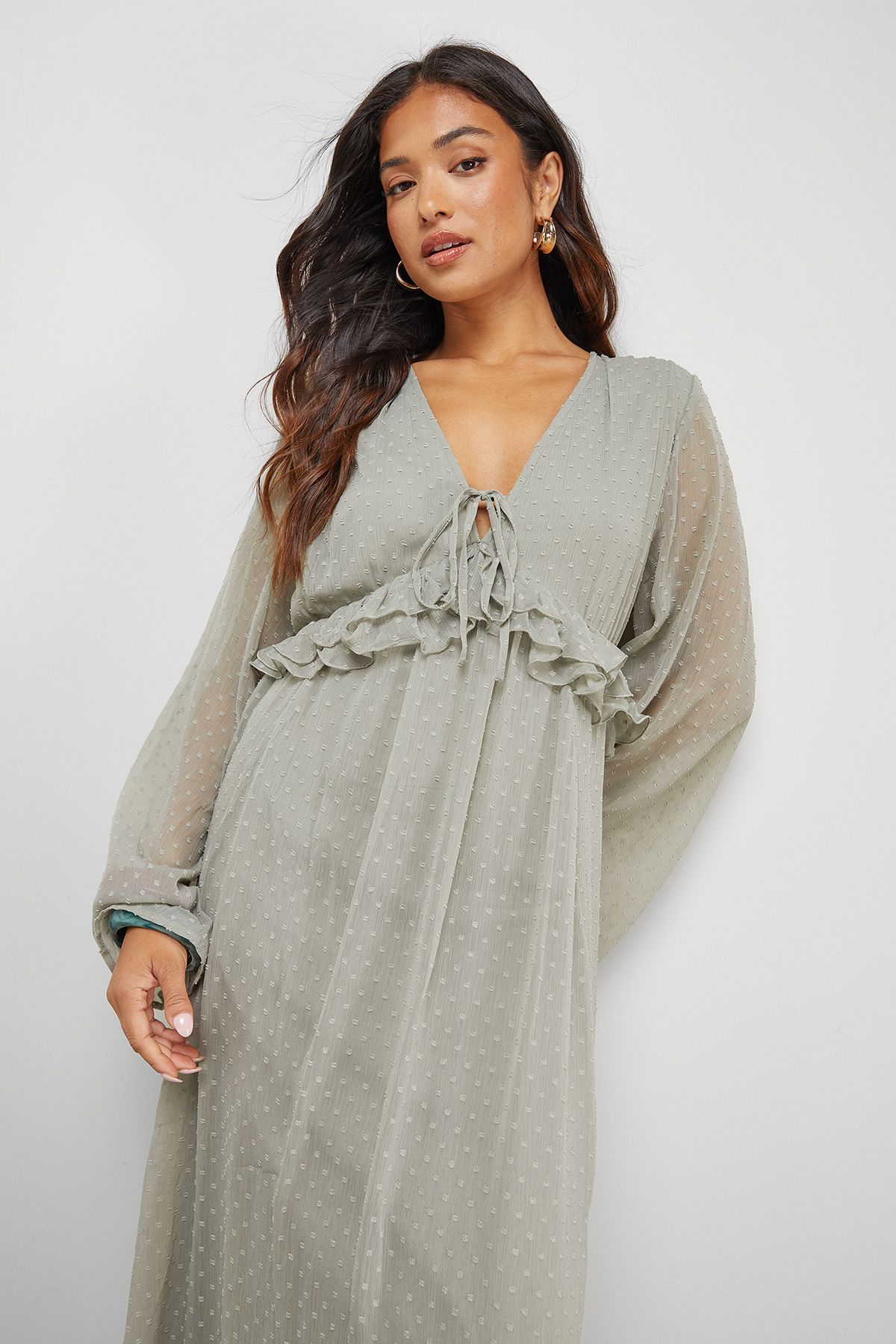 Warehouse Petite Dobby Chiffon Plunge Neck Ruffle Midi Smock Dress Khaki image 2