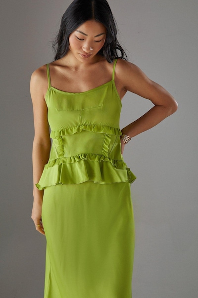 Warehouse Petite Satin Strappy Seam Detail Peplum Midi Dress Chartreuse