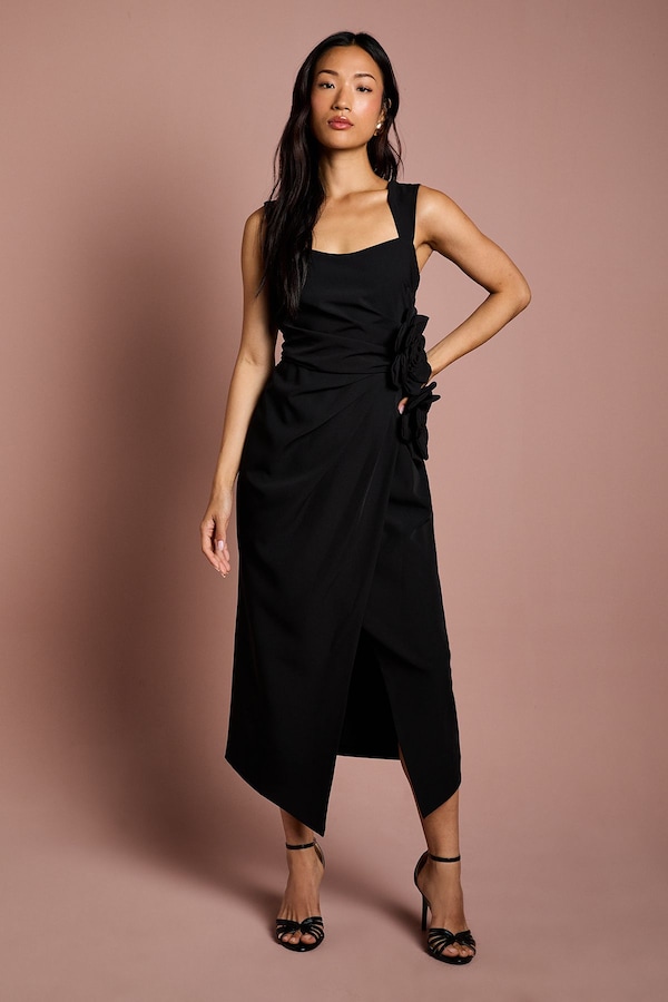 Coast Corsage Pleated Pencil Dress Black