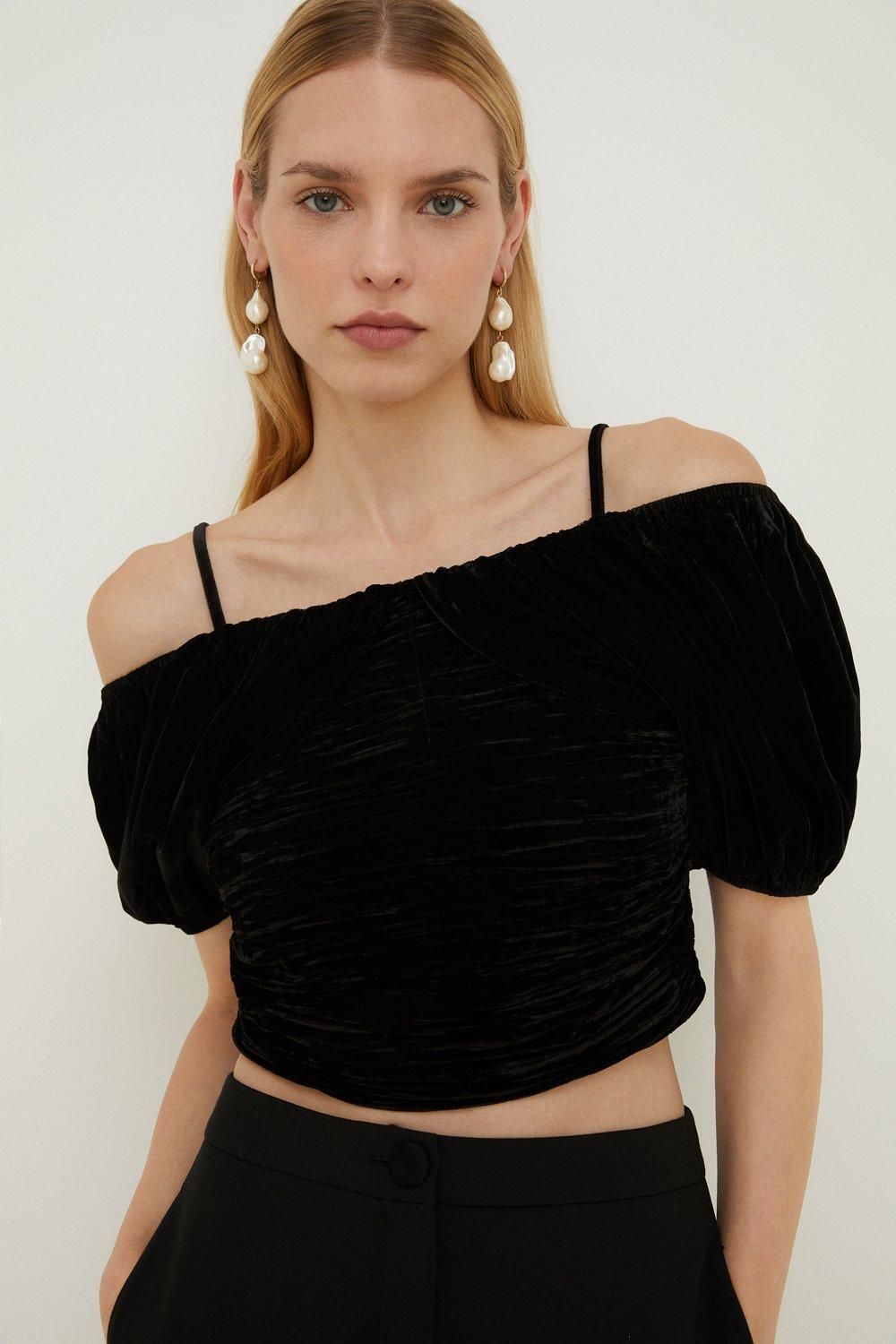 Oasis Rachel Stevens Velvet Ruched Bardot Top Black image 2