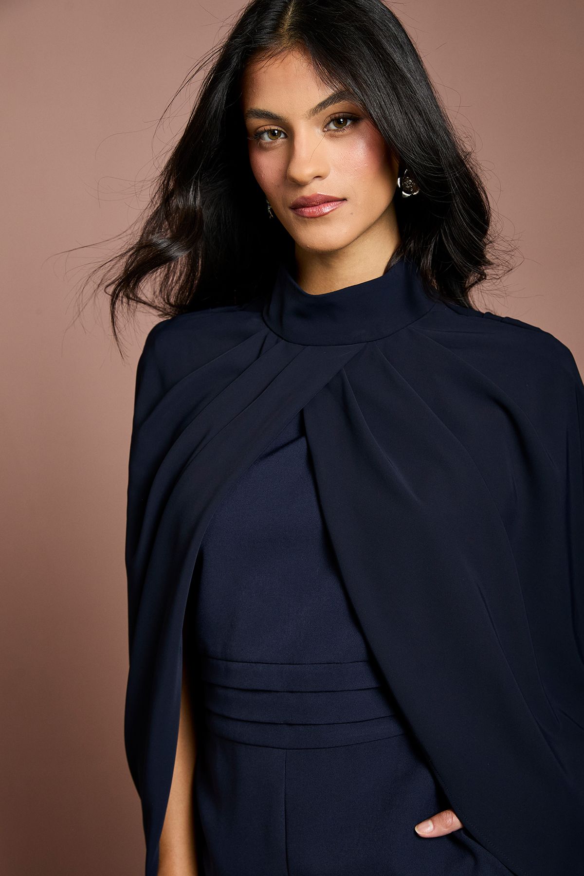 Coast Petite High Neck Cape Sleeve Wide Leg Jumpsuit Navy image 4