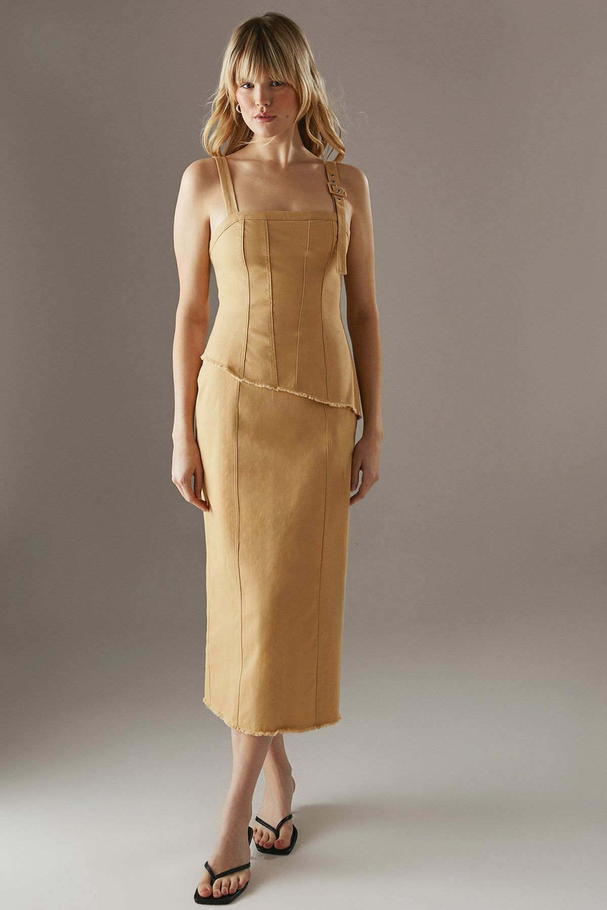 Warehouse Buckle Detail Raw Edge seamed Midi Dress Yellow