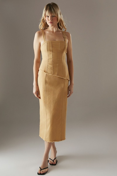 Warehouse Buckle Detail Raw Edge seamed Midi Dress Yellow