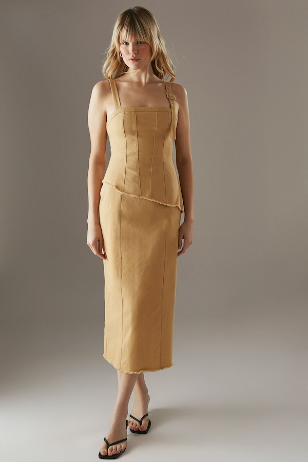 Warehouse Buckle Detail Raw Edge seamed Midi Dress Yellow