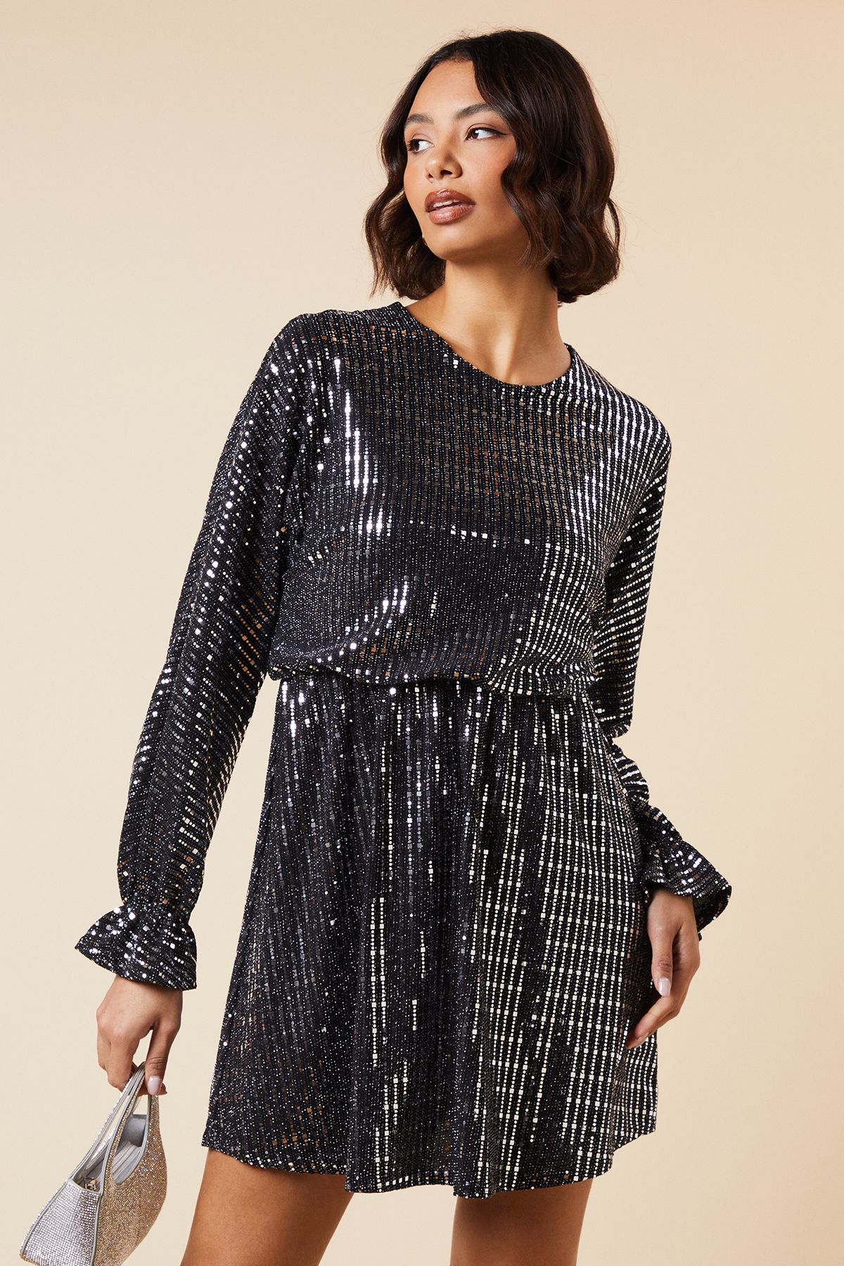 Dorothy Perkins Metallic Long Sleeve Jersey Mini Dress Black image 1