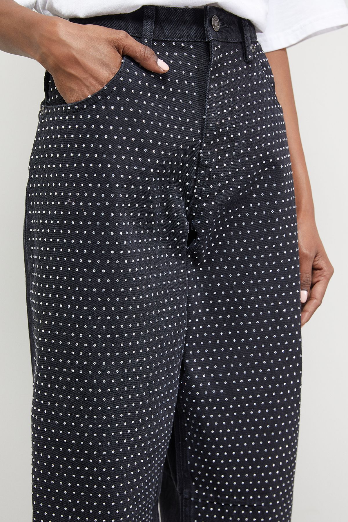 Warehouse Rhinestone Barrel Leg Jean Washed Black image 4