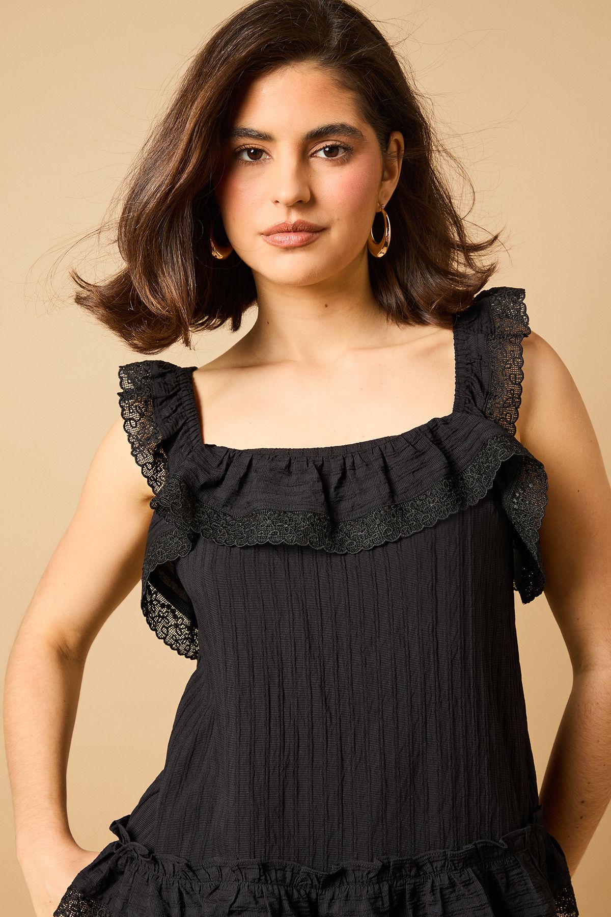 Oasis Broderie Frill Detail Top Black image 3