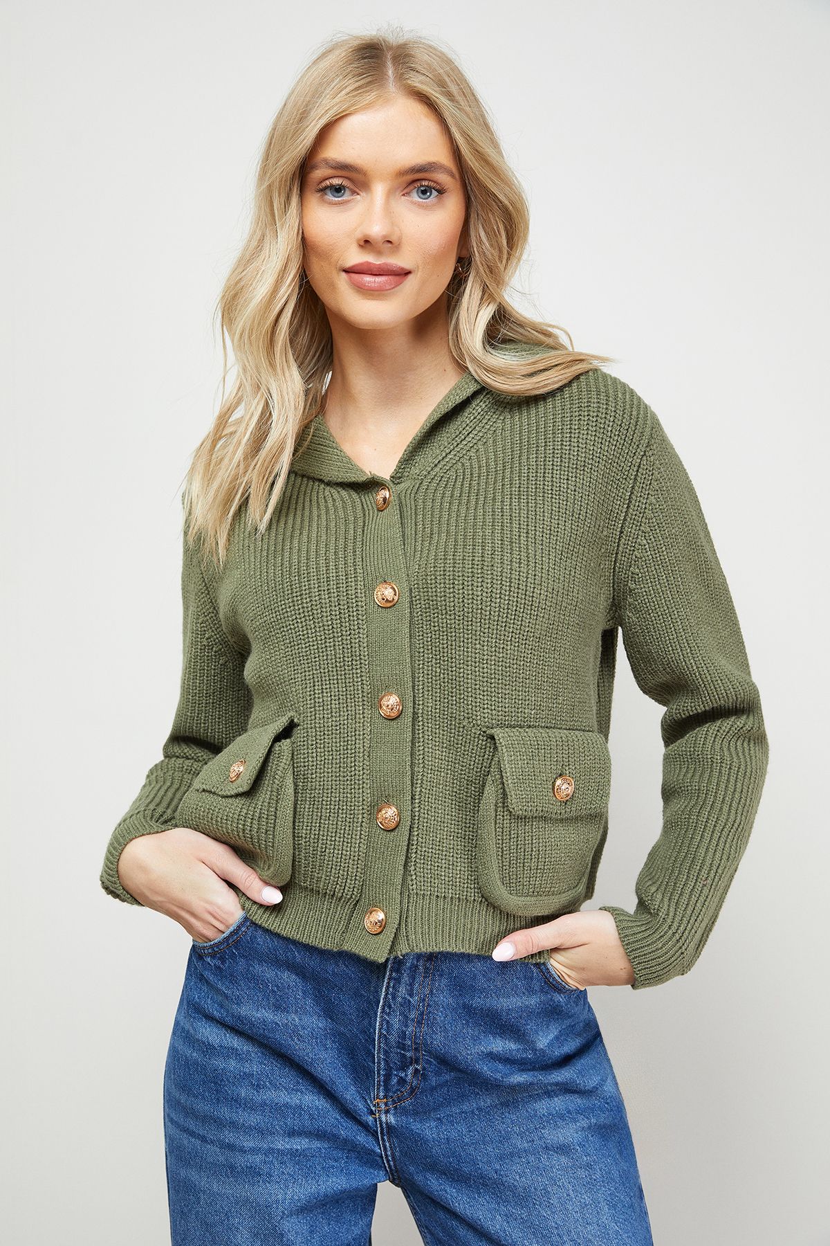 Oasis Hooded Pocket Front Button Down Cardigan Olive