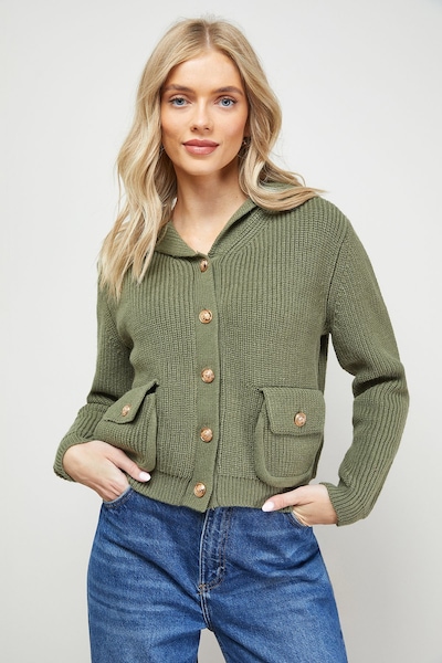 Oasis Hooded Pocket Front Button Down Cardigan Olive