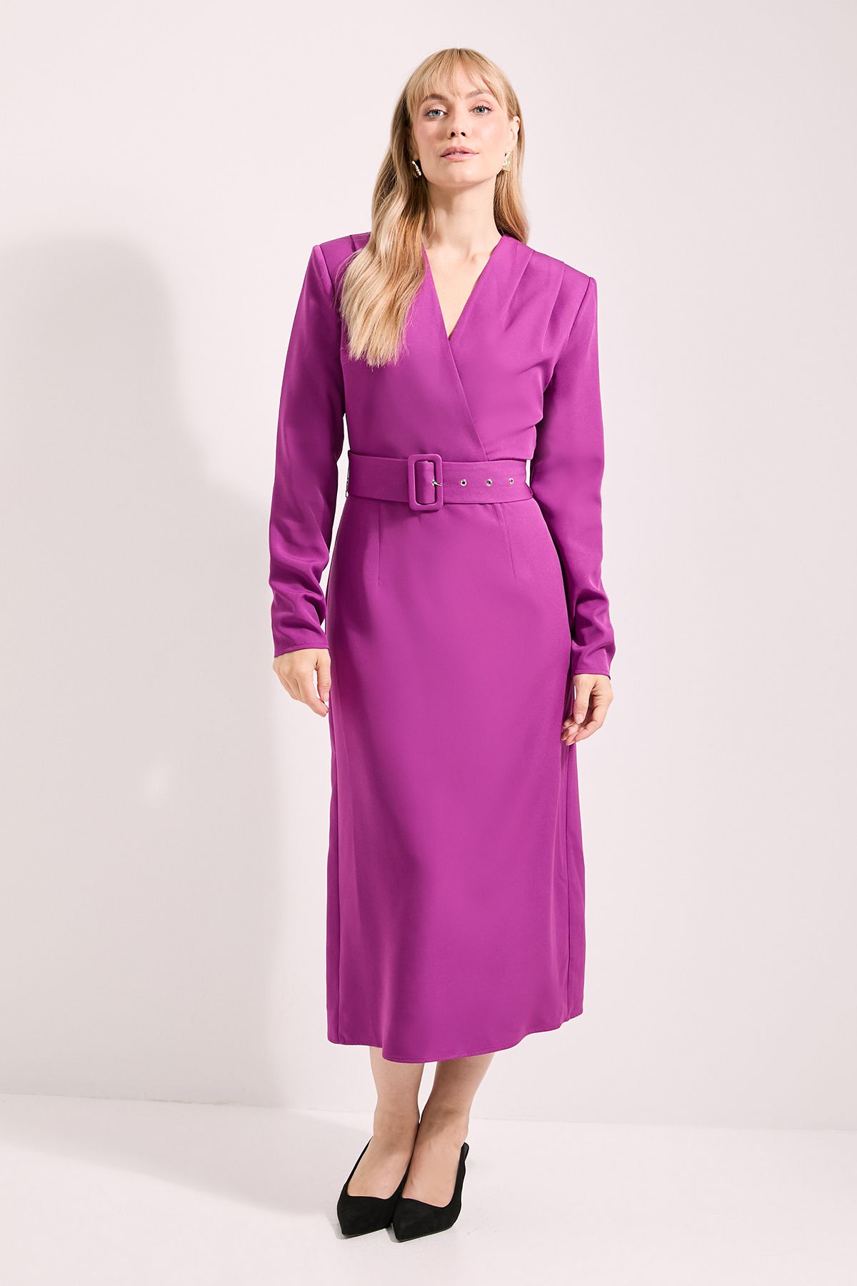 Principles Wrap Neck Belted Crepe Pencil Dress Magenta image 1
