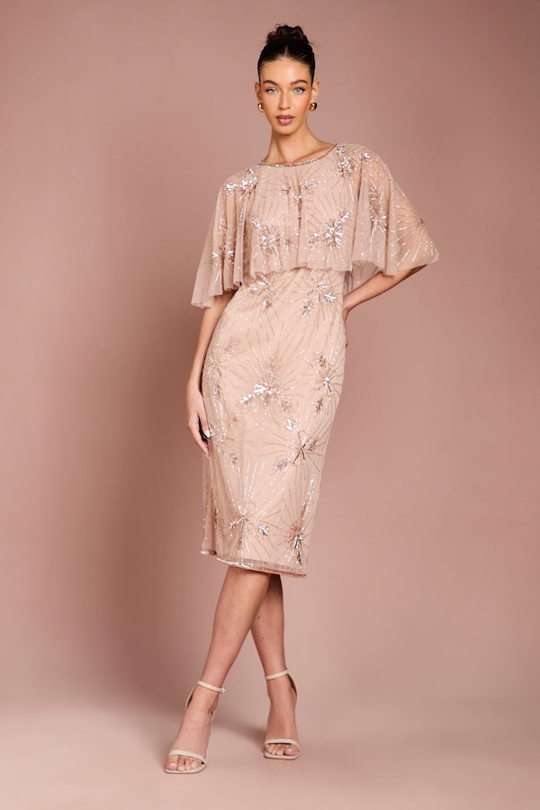 Coast Floral Embellished Cape Midi Dress Blush