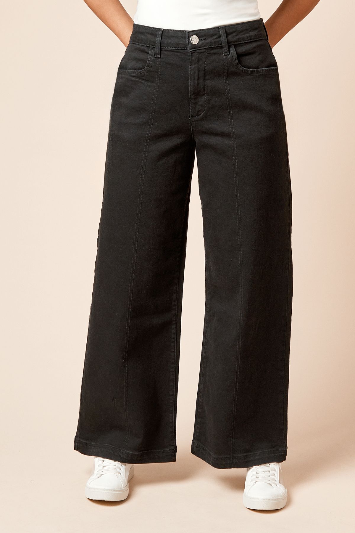 Dorothy Perkins Petite Wide Leg Seam Detail Jeans Washed Black