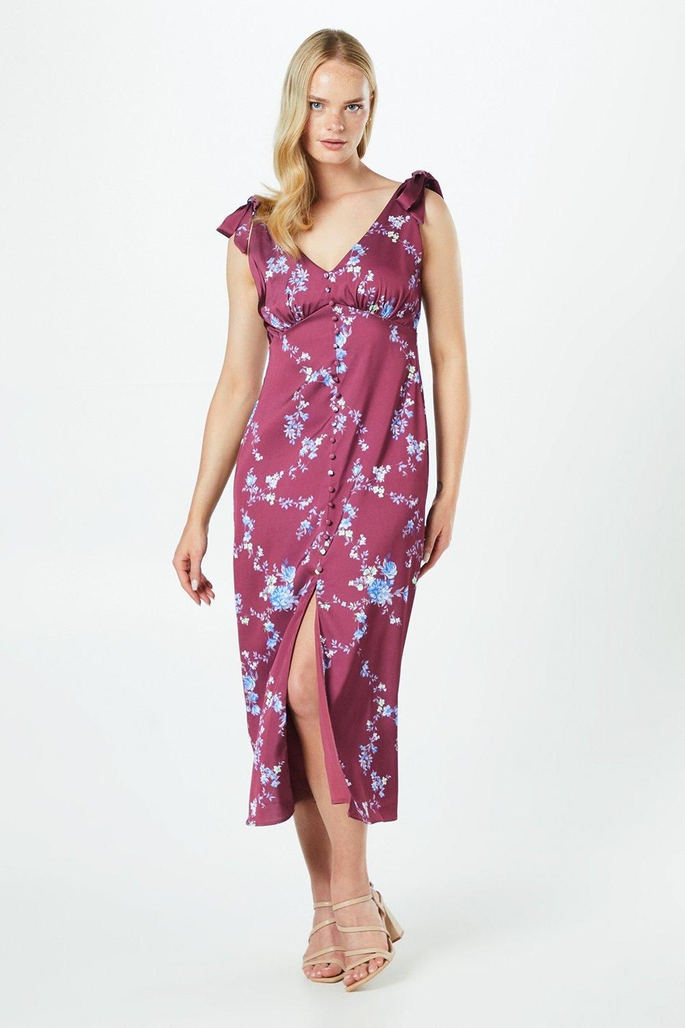 Oasis Occasion Petite Satin Button Midi Dress Wine