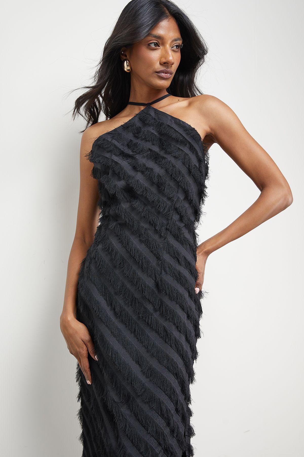 Warehouse Diagonal Fluffy Halter Maxi Dress Black image 2