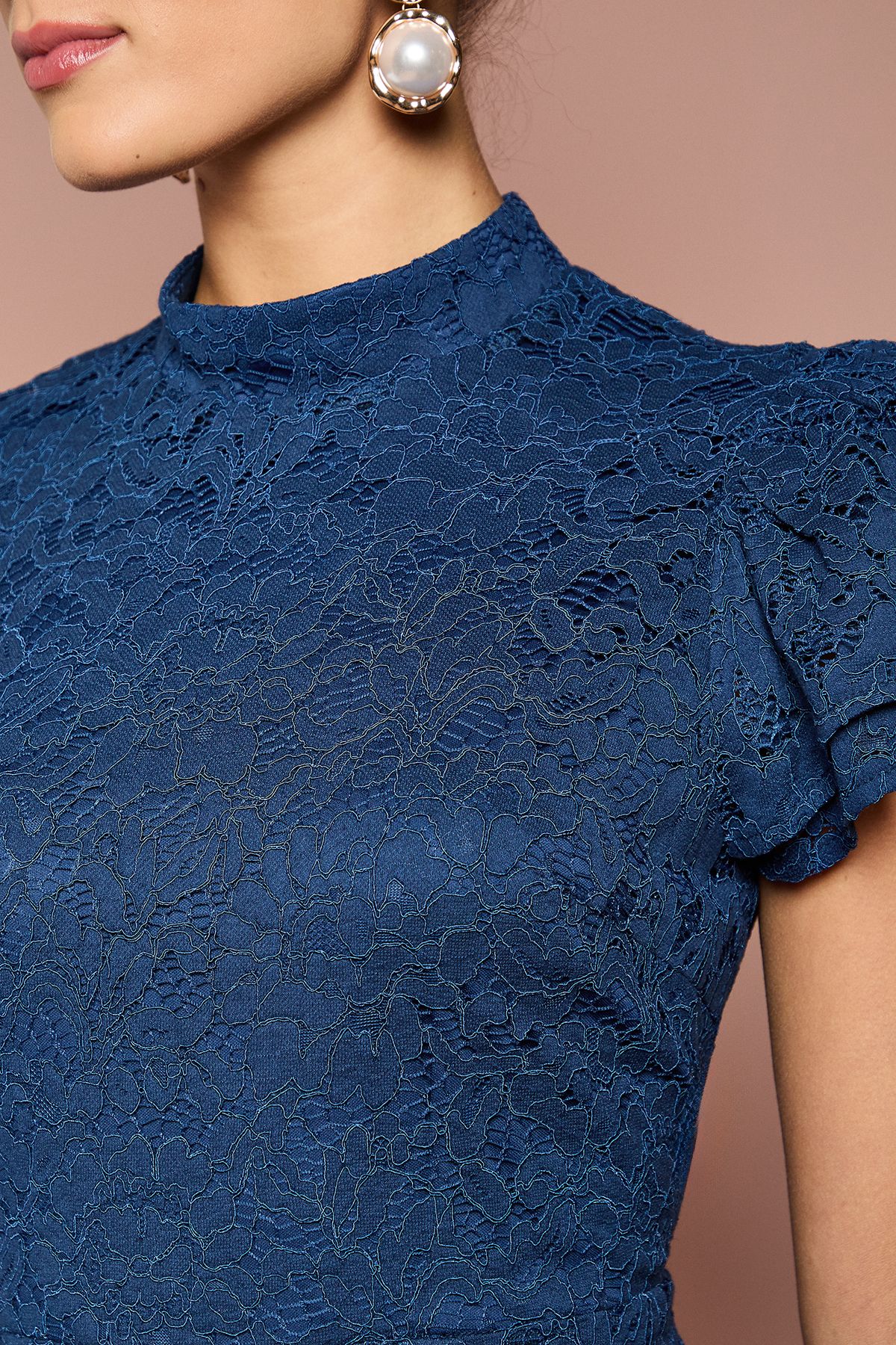 Coast Lace Frill Sleeve High Neck Midi Dress Navy image 5