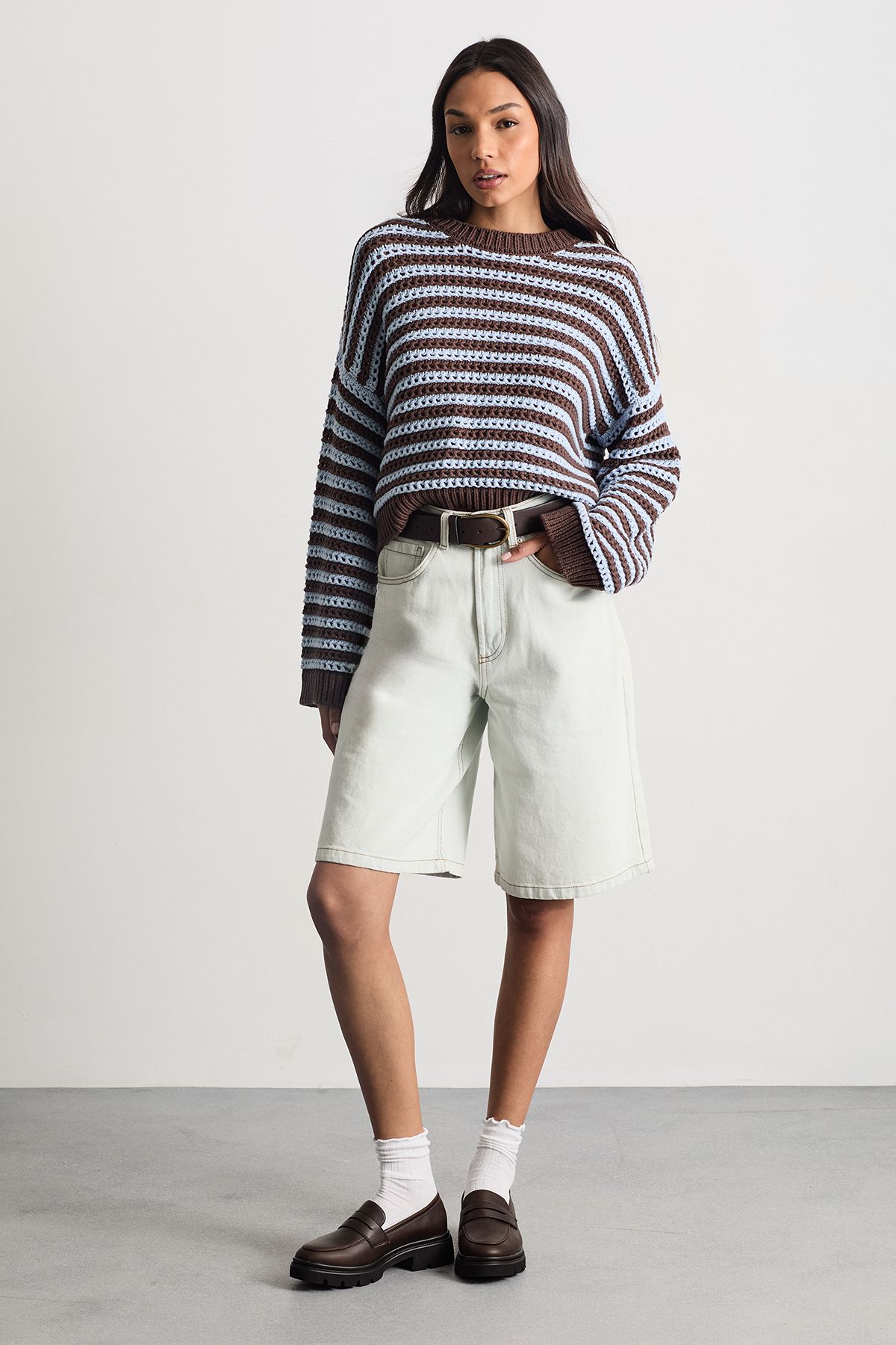 Warehouse Striped Dropped Shoulder Crochet Jumper Multi image 2