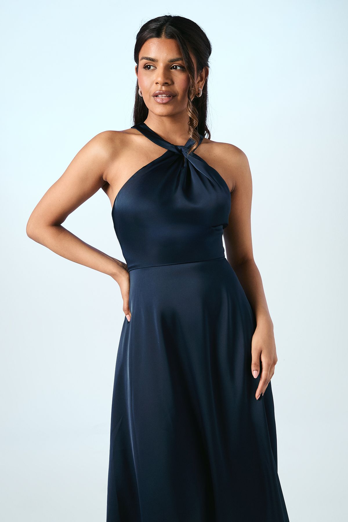 Coast Coast Honoured Petite Twist Halterneck Satin Maxi Bridesmaid Dress Navy image 2