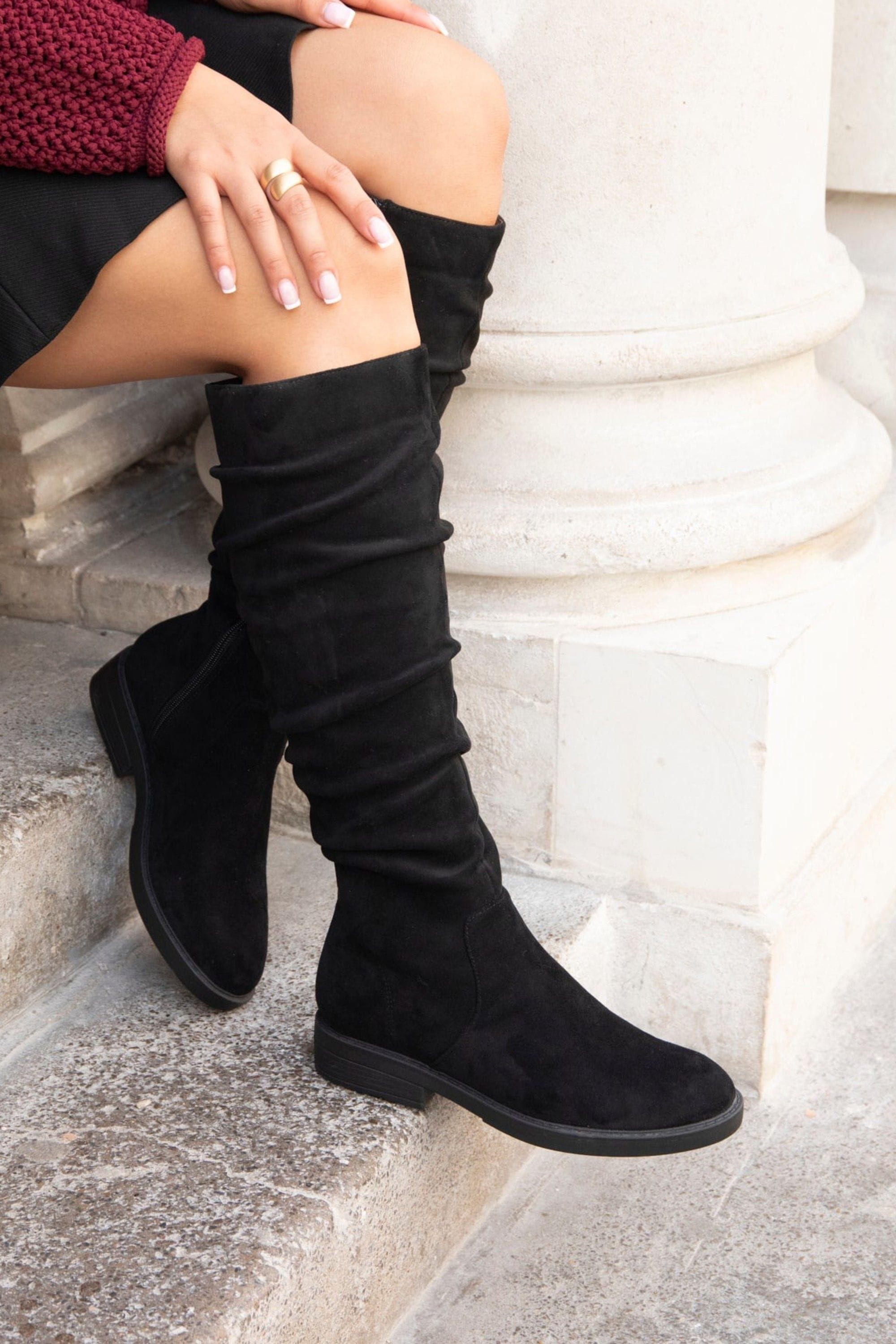 Linzi Liana Black Faux Suede Knee High Flat Ruched Boots image 6
