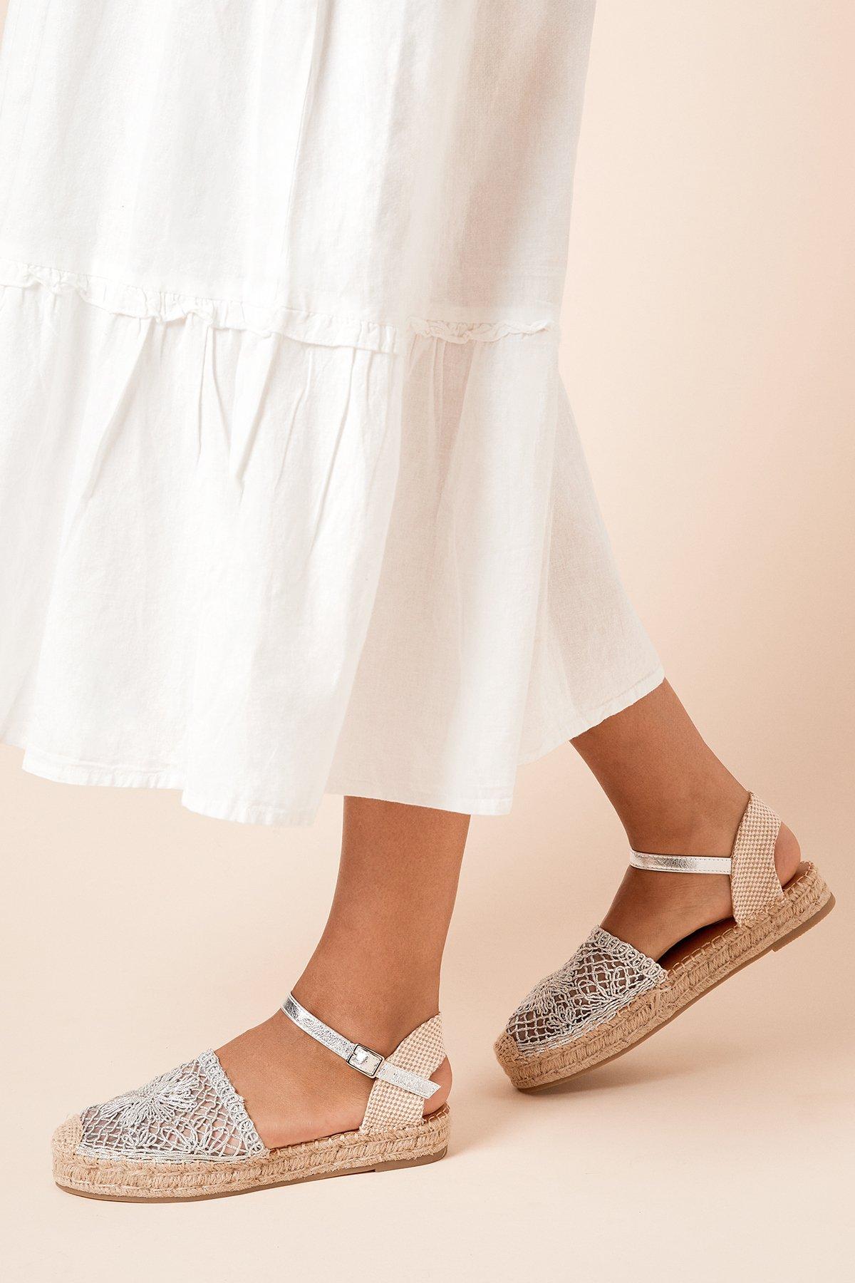 Dorothy Perkins Laura Embroidered Closed Toe Flat Espadrille Shoes Silver image 1