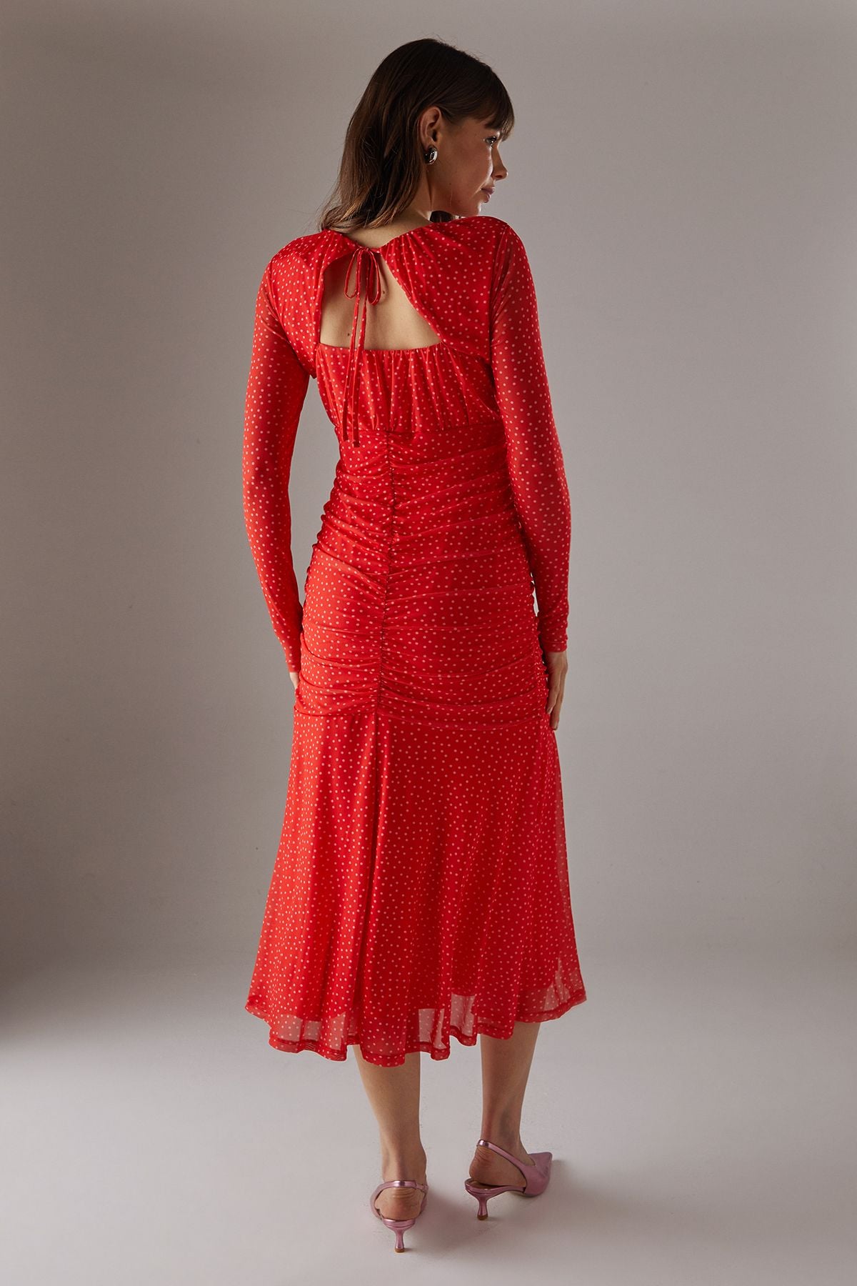 Warehouse Spot Mesh Gathered Front  Plunge Neck Midi Dress Red image 3