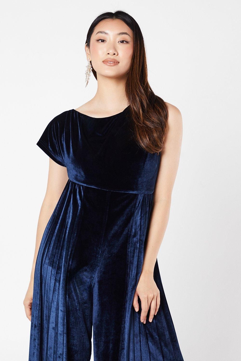 Coast Round Neck Pleated Velvet Jumpsuit Navy image 4