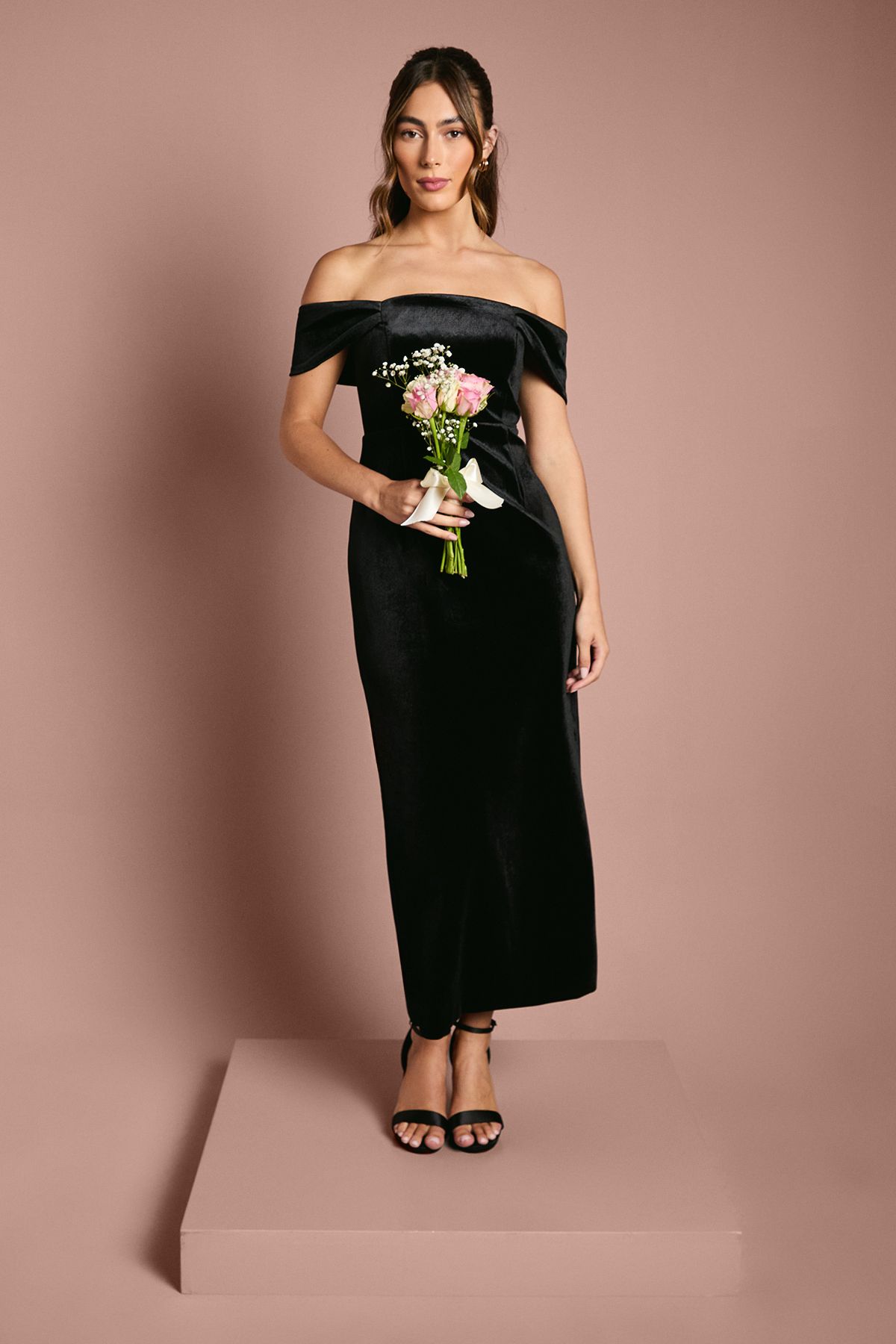 Coast Velvet Bardot Column Bridesmaid Maxi Dress Black