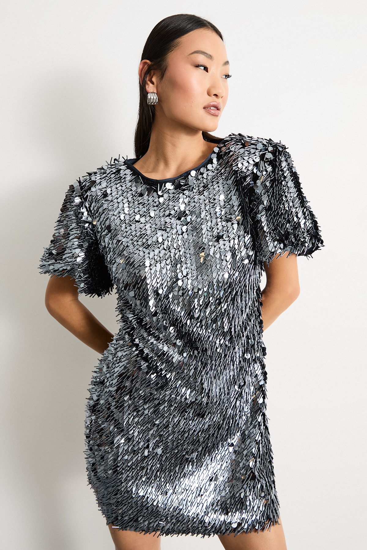 Warehouse Petite Premium Dense Sequin Extreme Shoulder Mini Dress Gun Metal image 1