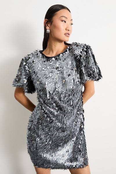 Warehouse Petite Premium Dense Sequin Extreme Shoulder Mini Dress Gun Metal