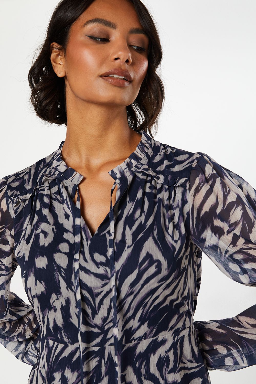 Dorothy Perkins Navy Animal Chiffon Ruffle Hem Long Sleeve Mini Dress Navy image 2