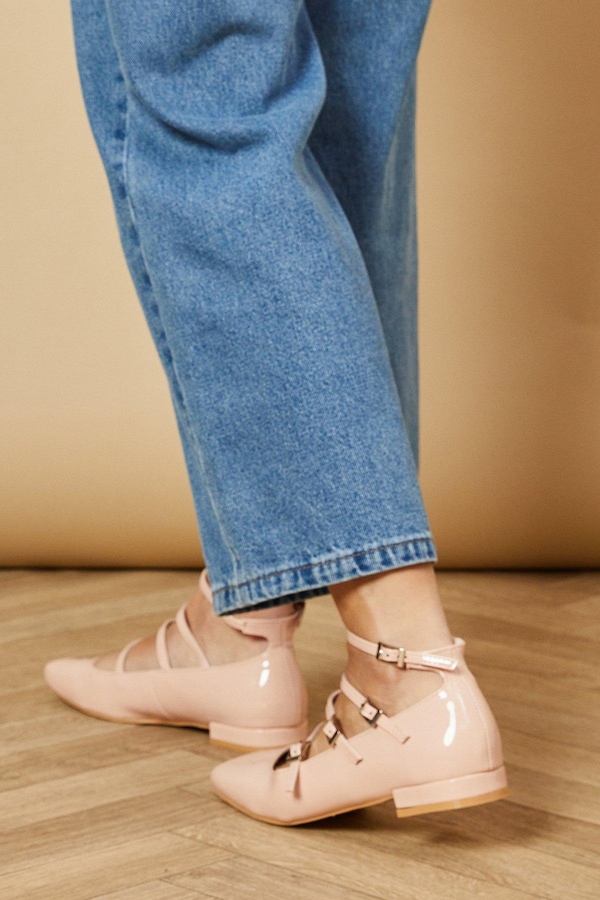Oasis Lavinia Faux Patent Leather Triple Mary Jane Strap Square Toe Ballerinas Ballerina Pink