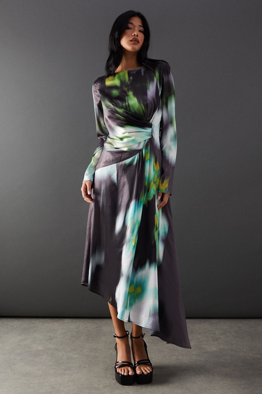Warehouse Printed Satin Knot Front Asymmetric Hem Midi Dress Multi