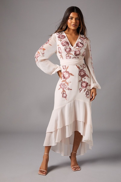 Coast Petite Sequin Embellished And Embroidered Hi-Lo Maxi Dress Blush