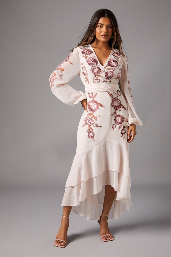 Coast Petite Sequin Embellished And Embroidered Hi-Lo Maxi Dress Blush