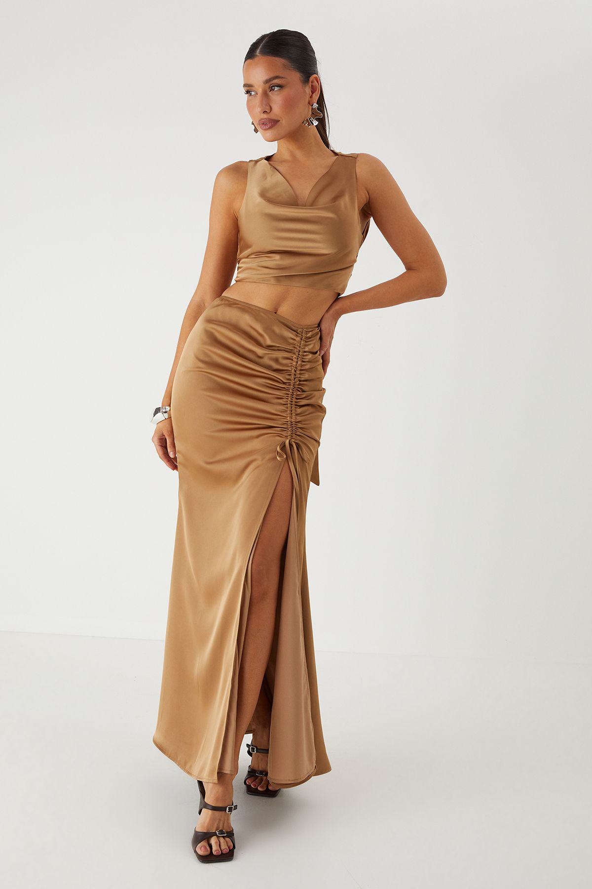 MissPap Satin Cowl Neck Top & Maxi Skirt Co-ord Bronze image 1