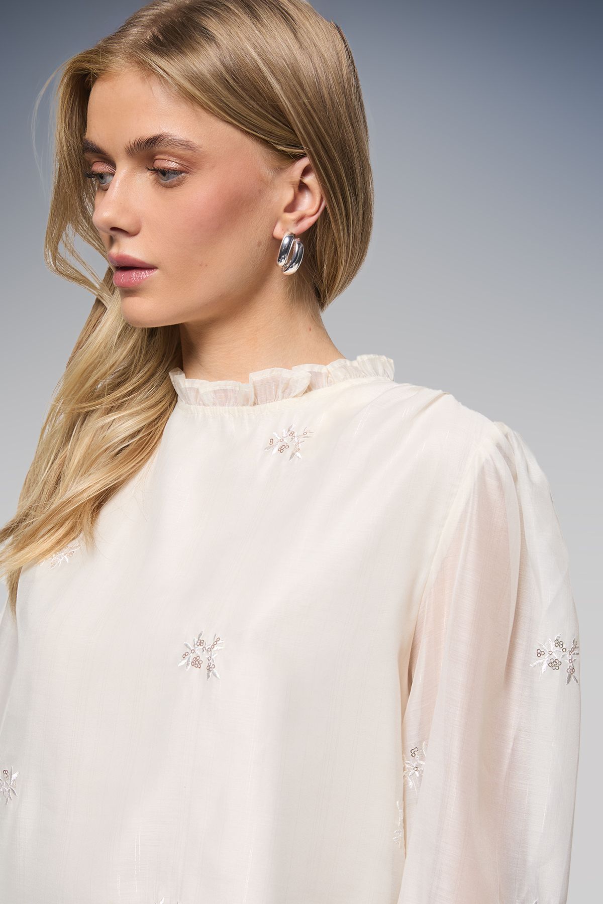 Oasis Sequin Floral Embroidered Frill Neck Blouse Ivory image 2