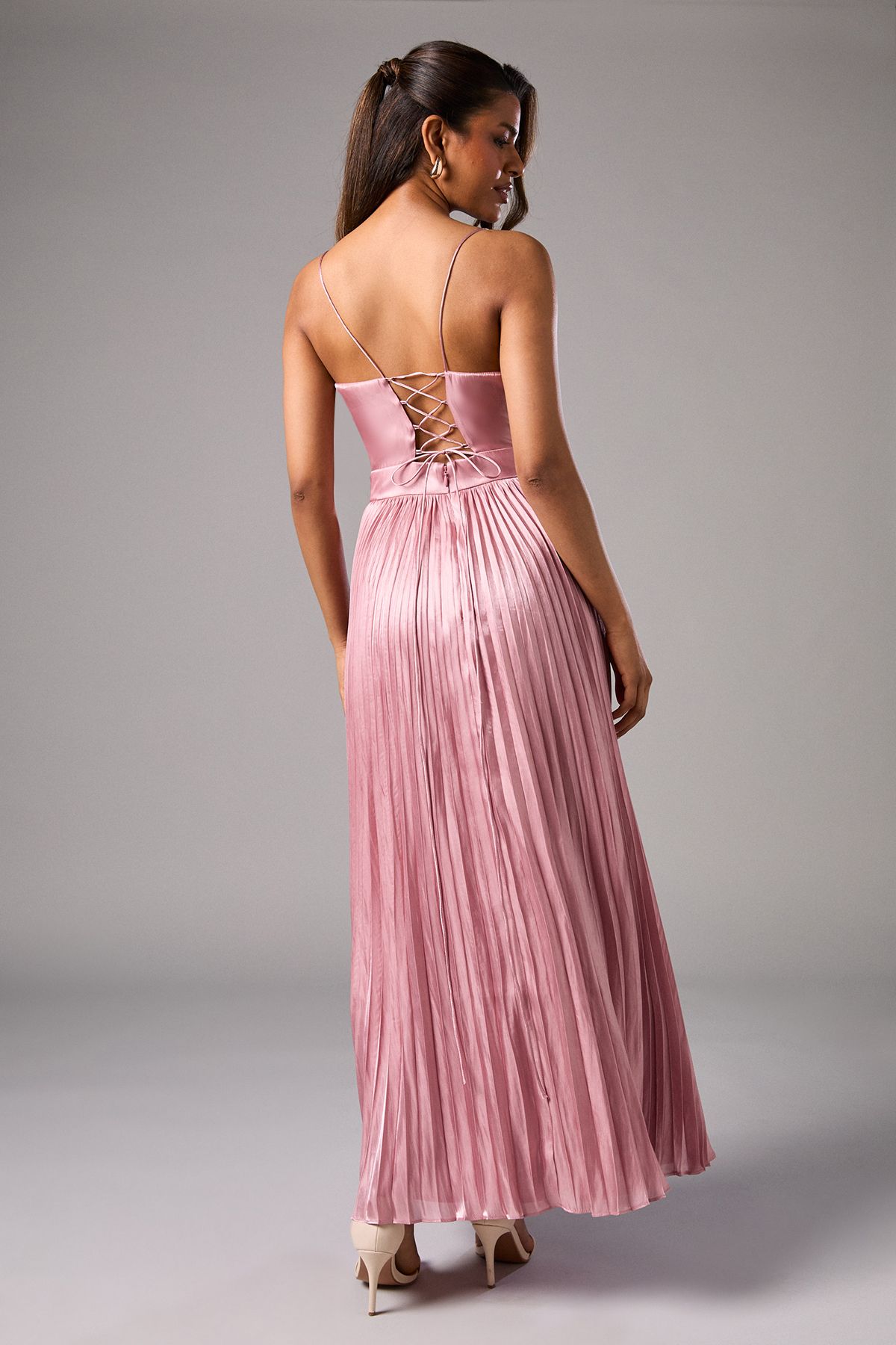 Coast Petite Metallic Strappy Pleated Corsage Maxi Dress Pink image 3