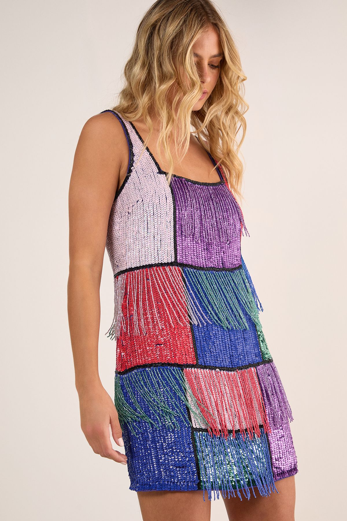 NastyGal Colour Block Check Tassel Sequin Mini Dress Multi image 2