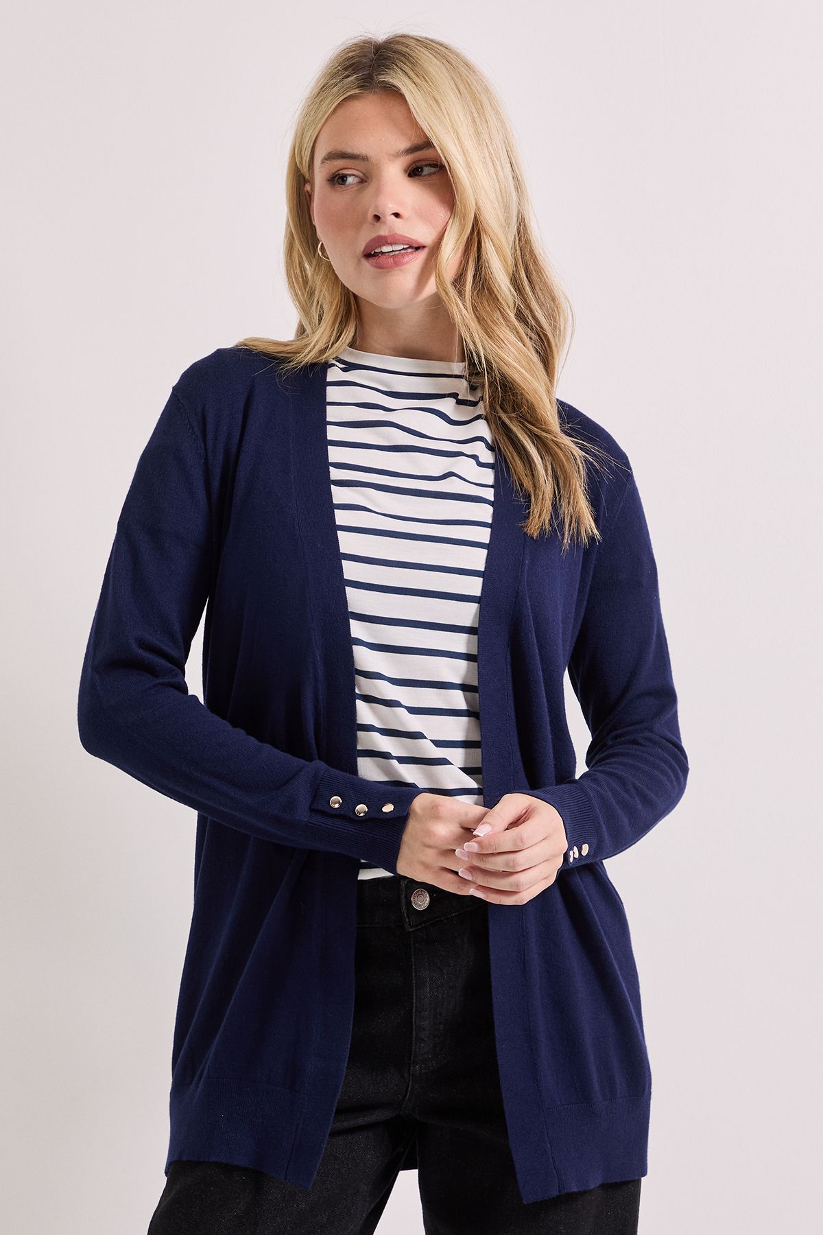 Dorothy Perkins Navy Longline Button Cuff Knit Cardigan Navy image 1