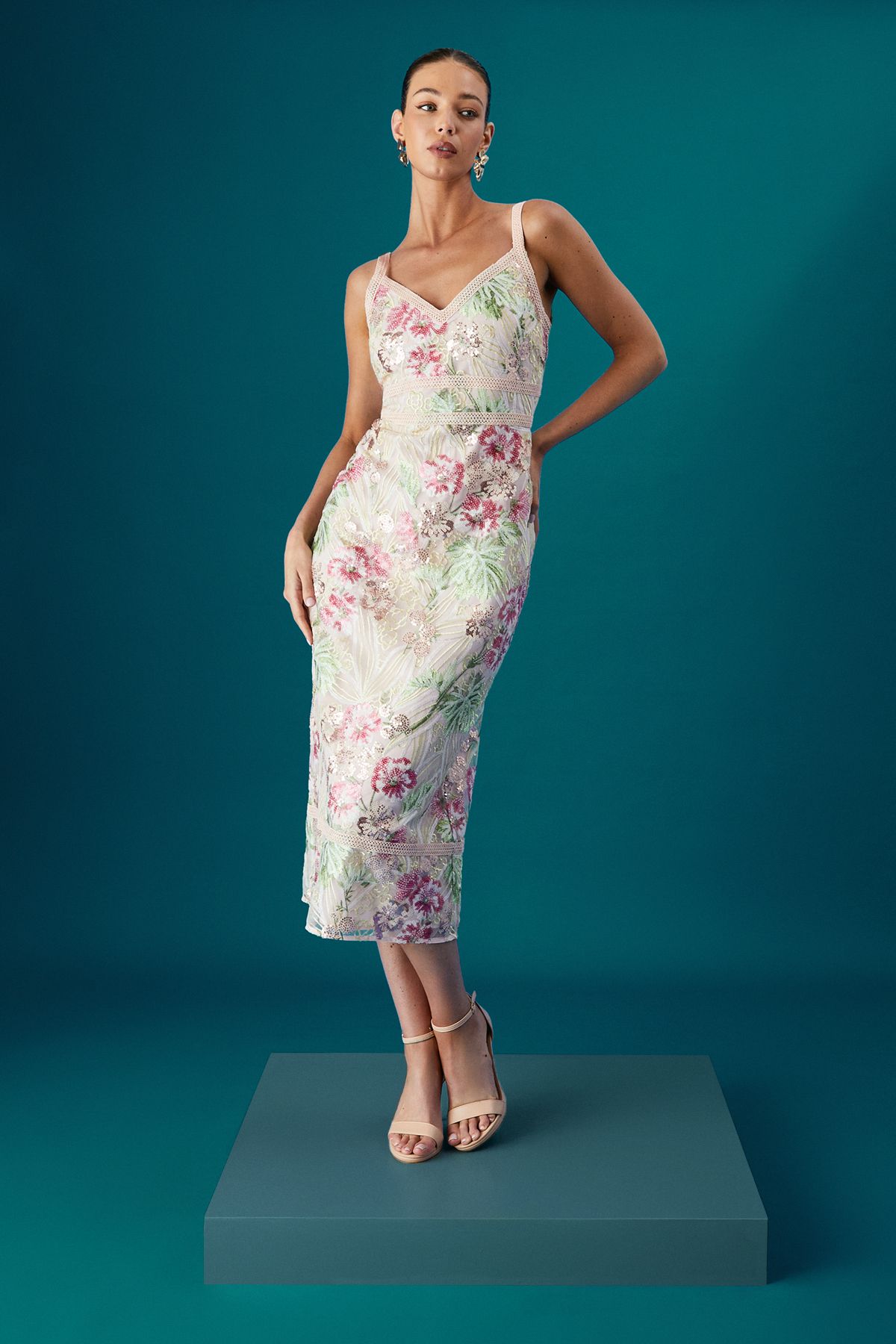 Coast Coast Muse Floral Embellished V Neck Strappy Midi Dress Nude image 1