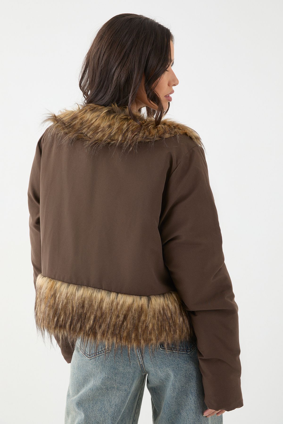 MissPap Faux Fur Trim Puffer Coat Chocolate image 3