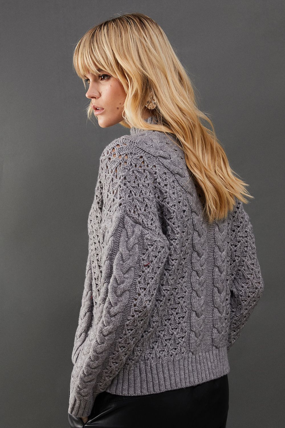 Warehouse Chunky Cable Knit Roll Neck Jumper Grey Marl image 3