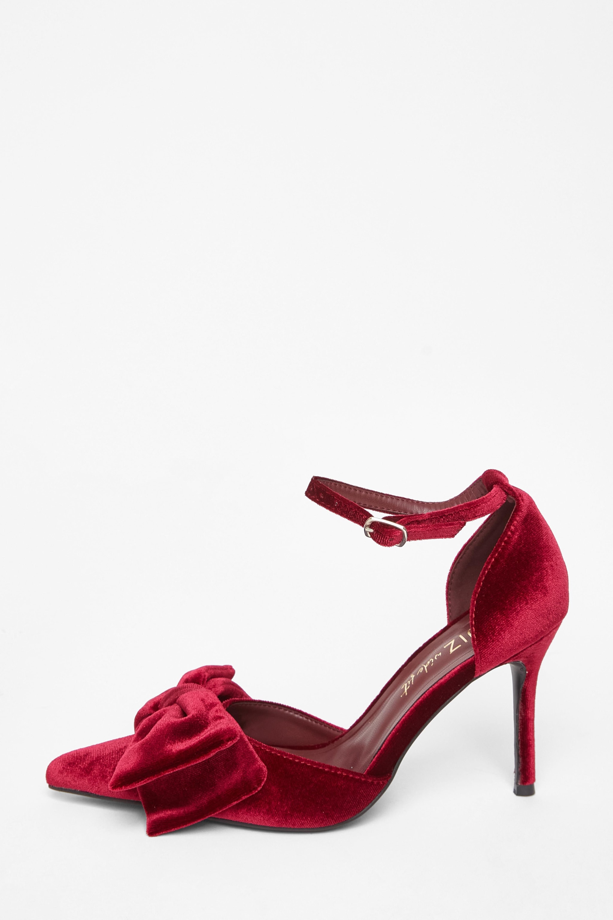 Quiz Burgundy Wide Fit Velvet Bow Court Heels image 3