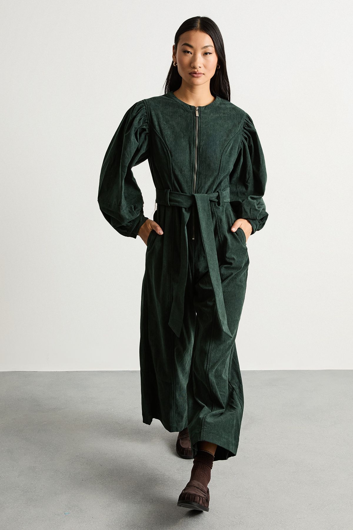 Warehouse Petite Cord Zip Through Belted Jumpsuit Dark Green image 1