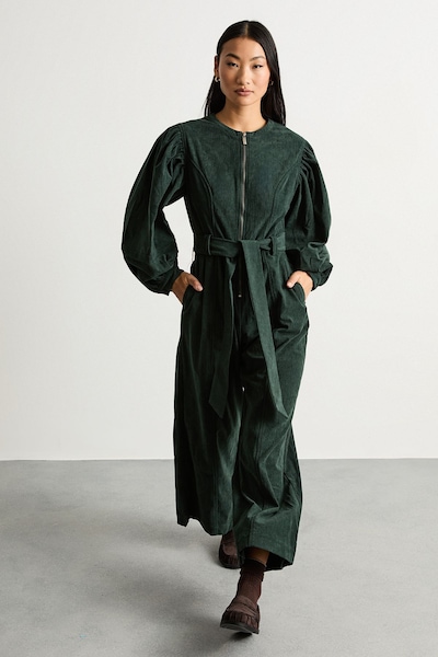 Warehouse Petite Cord Zip Through Belted Jumpsuit Dark Green