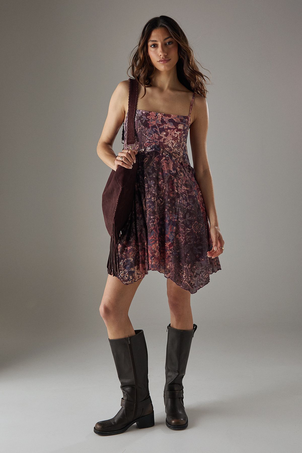 Warehouse Paisley Devore Strappy Godet Mini Sundress Rust image 1
