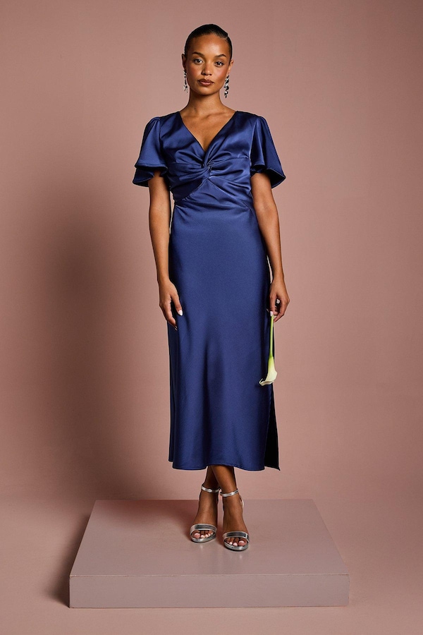 Oasis Petite Satin Twist Angel Sleeve Midi Bridesmaids Dress Navy